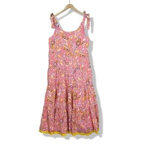 Anthropologie THML Pink Paisley Tiered Maxi Dress Women M Boho Tie Shoulder Midi
